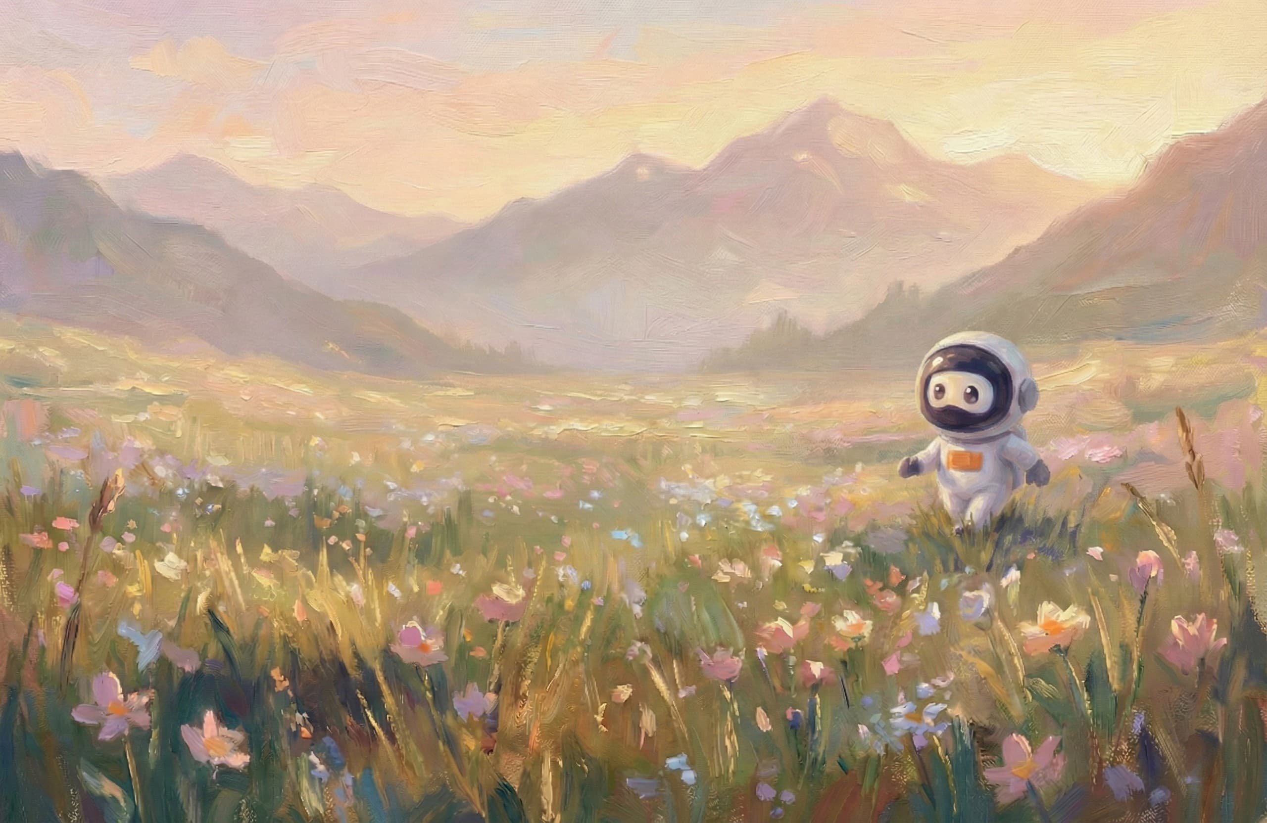 Luna går genom en blommande äng i ett mjukt bergslandskap.
