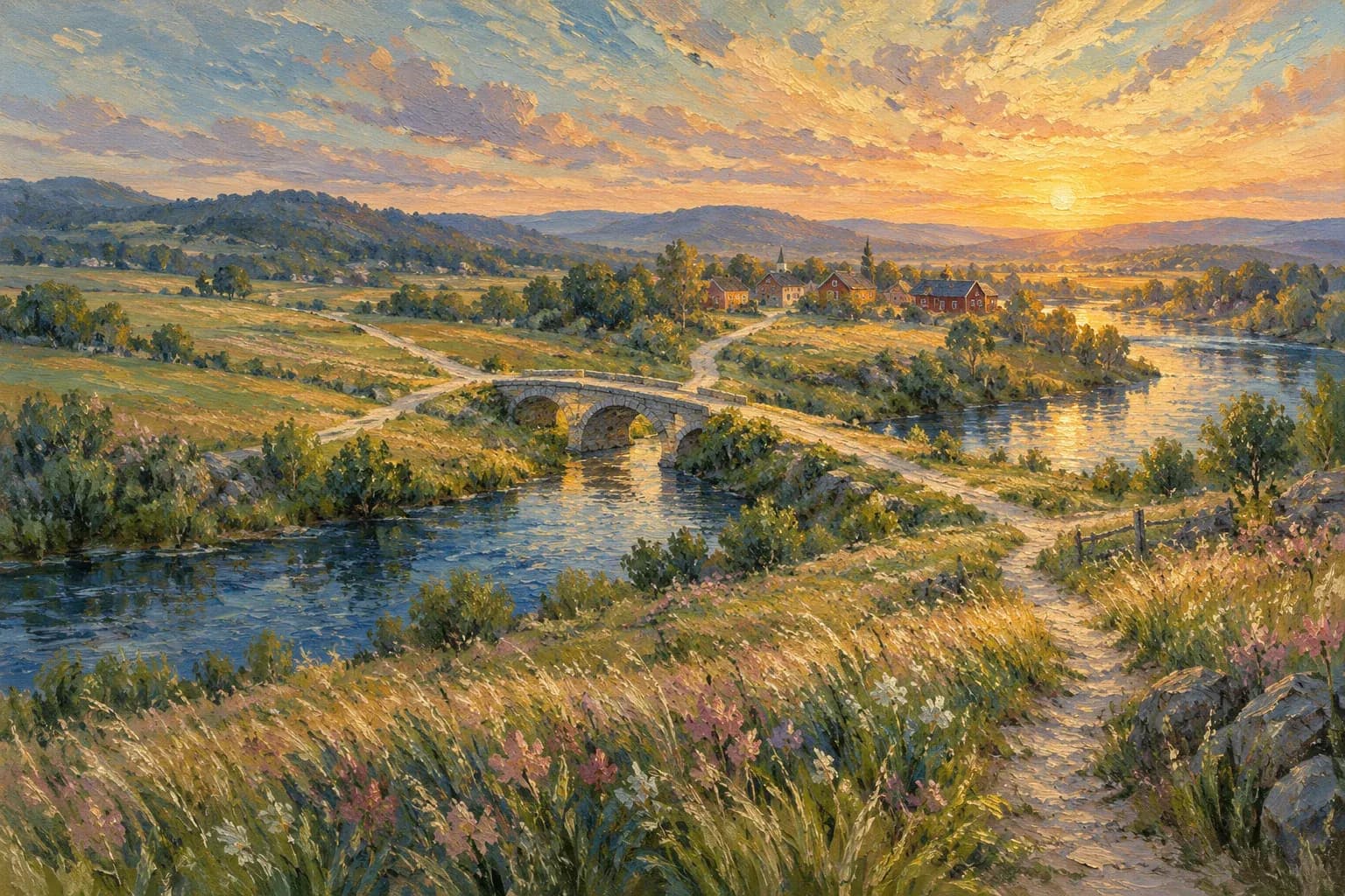 Oljemålning i van Gogh-stil: flera grusvägar och stigar möts vid en gammal stenbro över en lugn å i en svensk dalgång i eftermiddagsljus.