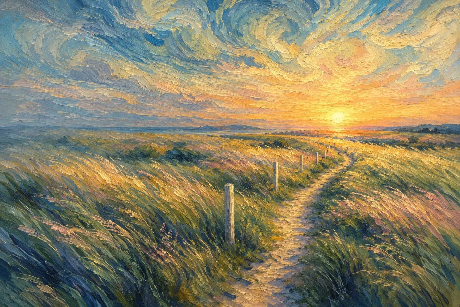 Oljemålning i van Gogh-stil: en slingrande stig kantad av bleka stolpar genom vindpinat ängsgräs mot en glödande sol vid horisonten.