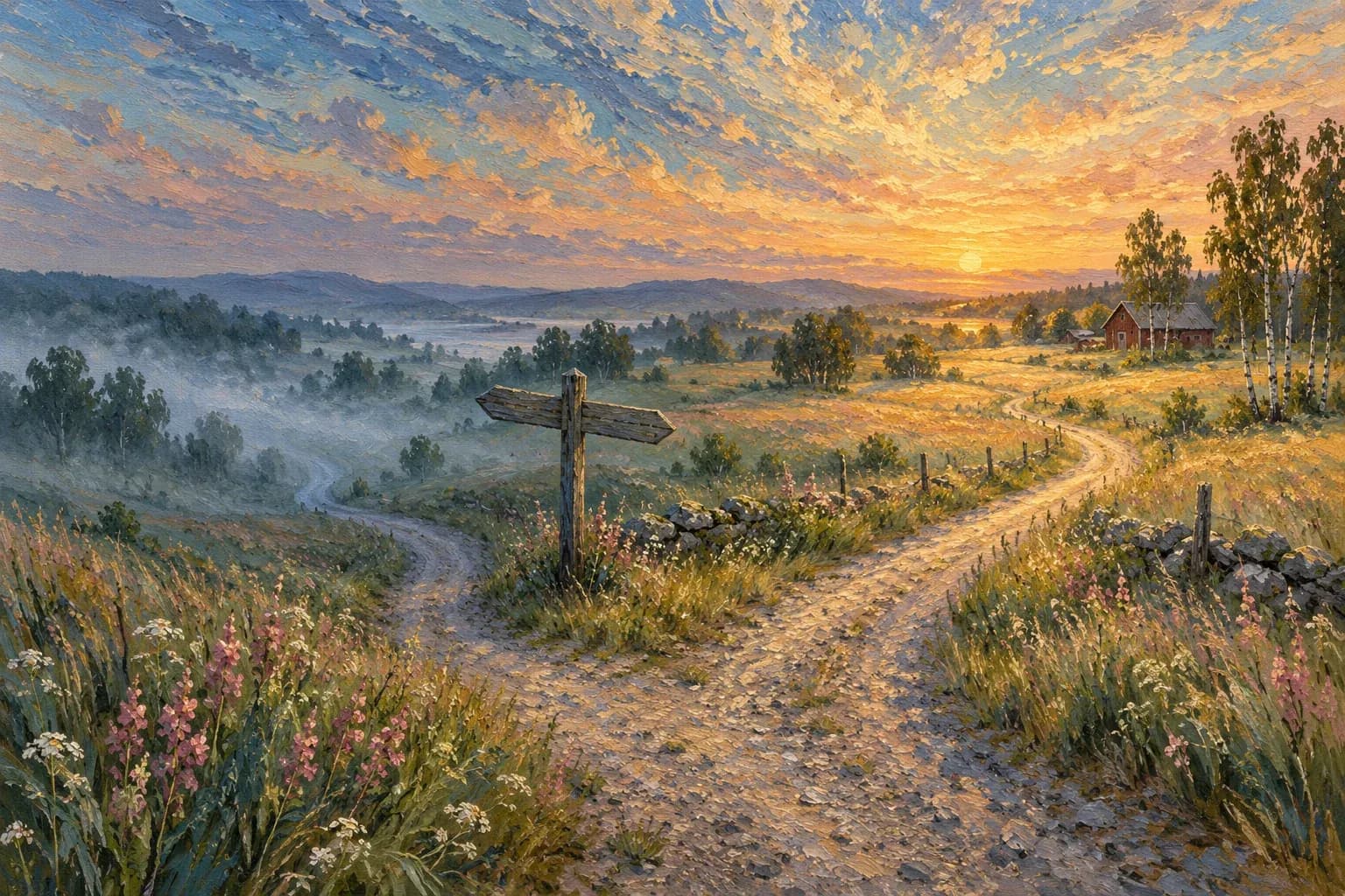 Oljemålning i van Gogh-stil: en grusväg delar sig vid en gammal vägskylt, den ena vägen försvinner i dimma och den andra leder mot solnedgången och en röd lada.