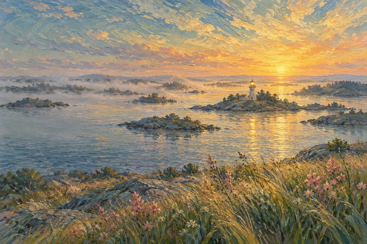 Oljemålning i van Gogh-stil: en nordisk skärgård i gryningen med små klippöar i morgondis och en vit fyr vars ljus når ut över vattnet.